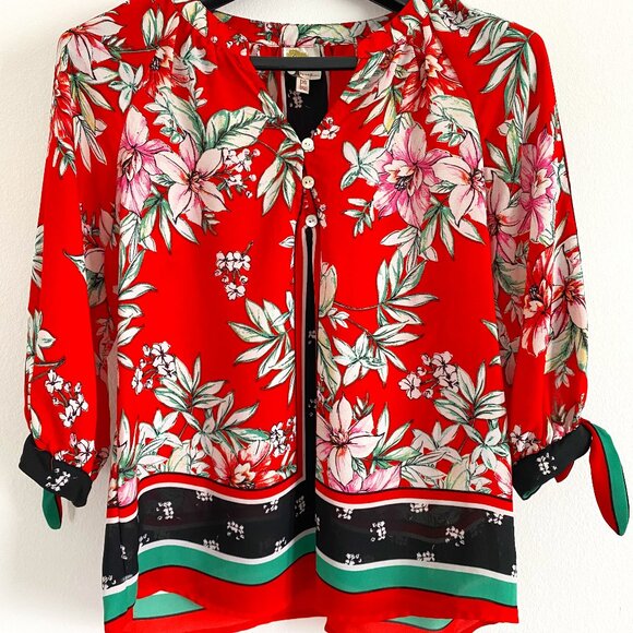Fig and Flower‎ Anthropologie Size PS Red Top Tropical Floral Buttons Tie Boho - Picture 1 of 7